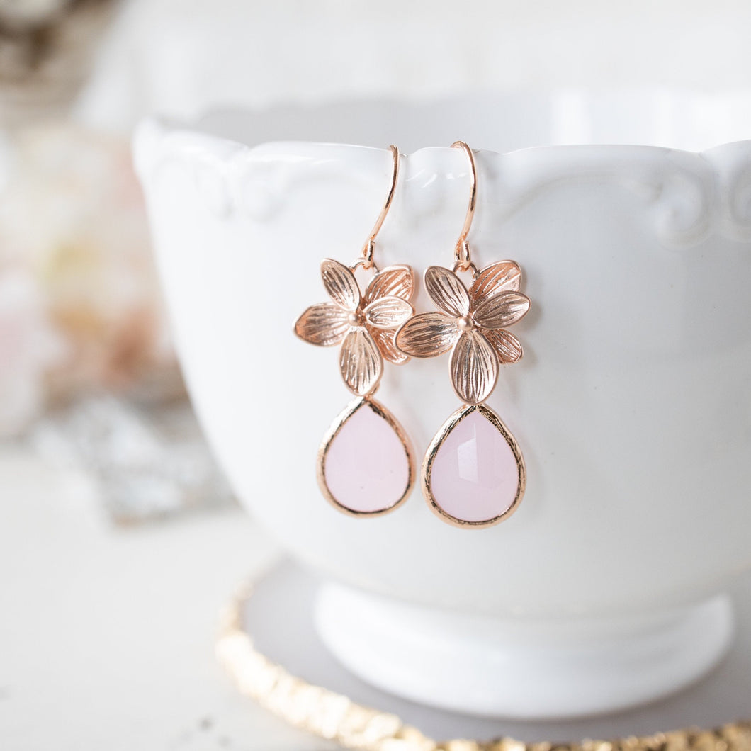 rose quartz pink crystal rose gold flower earrings