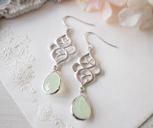 Load image into Gallery viewer, Mint Green Earrings, Seafoam Green Earrings, Light Green Earrings, Silver Celtic Knot Earrings, Mint Green Wedding Bridesmaid Gift
