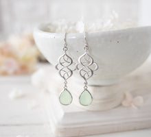 Load image into Gallery viewer, Mint Green Earrings, Seafoam Green Earrings, Light Green Earrings, Silver Celtic Knot Earrings, Mint Green Wedding Bridesmaid Gift
