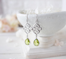 Load image into Gallery viewer, Peridot Green Earrings, Light Green Earrings, Silver Celtic Knot Earrings, August Birthstone Jewelry, Birthday Gift for Her, Green Wedding
