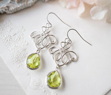 Load image into Gallery viewer, Green Earrings, Silver Filigree Earrings, Peridot Earrings, August Birthstone, Peridot Jewelry, August Birthday Gift for Women
