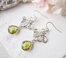 Load image into Gallery viewer, Green Earrings, Silver Filigree Earrings, Peridot Earrings, August Birthstone, Peridot Jewelry, August Birthday Gift for Women
