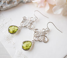 Load image into Gallery viewer, Green Earrings, Silver Filigree Earrings, Peridot Earrings, August Birthstone, Peridot Jewelry, August Birthday Gift for Women
