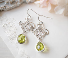 Load image into Gallery viewer, Green Earrings, Silver Filigree Earrings, Peridot Earrings, August Birthstone, Peridot Jewelry, August Birthday Gift for Women
