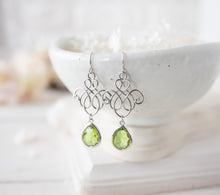 Load image into Gallery viewer, Green Earrings, Silver Filigree Earrings, Peridot Earrings, August Birthstone, Peridot Jewelry, August Birthday Gift for Women
