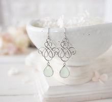 Load image into Gallery viewer, Mint Green Drop Earrings, Silver Knot Pendant Earrings, Silver Filigree earrings, Mint Green Wedding Jewelry, Bridesmaid Earrings
