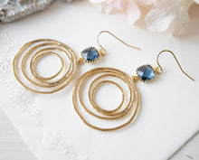 Load image into Gallery viewer, Dark Sapphire Blue Gold Hoop Earrings, Navy Blue Earrings, Gold Circle Earrings, Dark Blue Earrings, September Birthstone Jewelry
