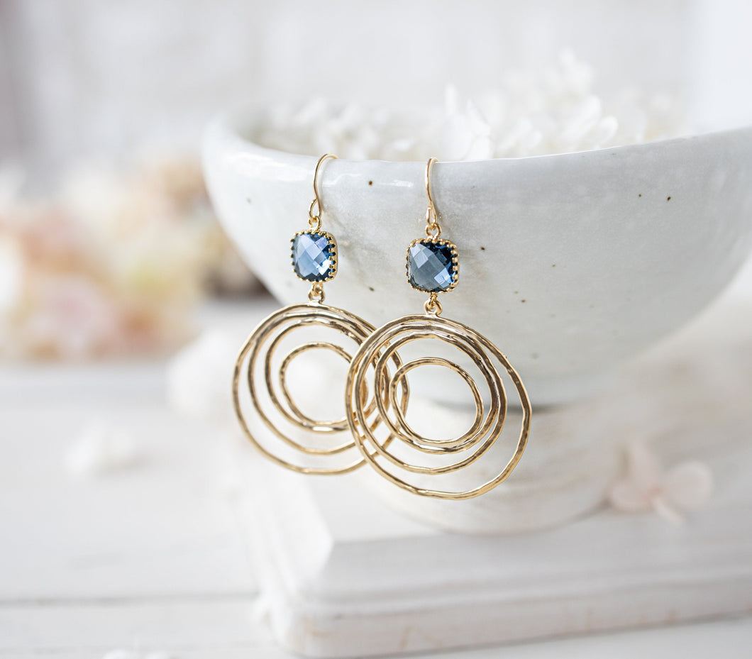 Dark Sapphire Blue Gold Hoop Earrings, Navy Blue Earrings, Gold Circle Earrings, Dark Blue Earrings, September Birthstone Jewelry