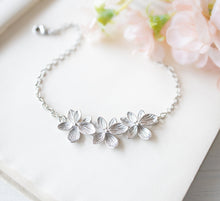 Load image into Gallery viewer, Trio Silver Flowers Bracelet, Bridal Bracelet, Silver Bridal Jewelry, Bridesmaid Bracelet, Flower Girl Bridesmaid Gift, Adjustable Bracelet
