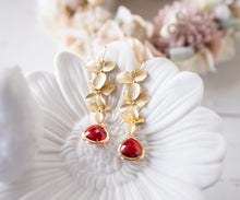 Load image into Gallery viewer, Ruby Red Earrings, Gold Orchids Long Dangle Earrings, July Birthstone Jewelry, Siam Red Crystal Earrings,  Red Wedding Bridal Earrings
