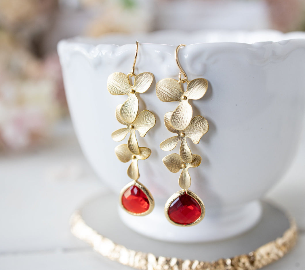 Ruby Red Earrings, Gold Orchids Long Dangle Earrings, July Birthstone Jewelry, Siam Red Crystal Earrings,  Red Wedding Bridal Earrings