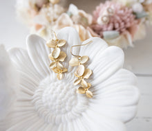 Load image into Gallery viewer, Gold Flowers Dangle Earrings, Orchid Flower Earrings, Wedding Jewelry, Bridal Earrings, Bridesmaid Gift, Maid of Honor Gift, Long Dangle
