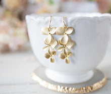 Load image into Gallery viewer, Gold Flowers Dangle Earrings, Orchid Flower Earrings, Wedding Jewelry, Bridal Earrings, Bridesmaid Gift, Maid of Honor Gift, Long Dangle
