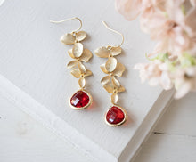 Load image into Gallery viewer, Red and Gold Earrings, Gold Orchid Flower Earrings, Red Wedding Bridal Jewelry, Bridesmaid Earrings, Bridesmaid Gift
