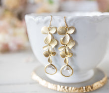 Load image into Gallery viewer, Gold Flowers Clear Crystal Earrings, Gold Long Dangle Earrings, Bridal Earrings, Wedding Jewelry, Gift for Bride, April Birthstone
