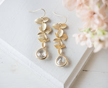 Load image into Gallery viewer, Gold Bridal Earrings, Teardrop Clear Crystal Earrings, Gold Flower Earrings, April Birthstone, Birthday Gift for Women, bridesmaid gift
