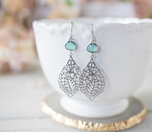 Load image into Gallery viewer, Silver Paisley Filigree Earrings with Aqua Mint blue Crystals
