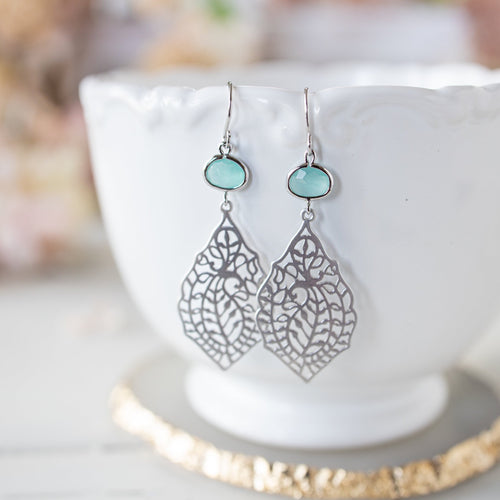 aqua mint blue seafood blue crystal silver Paisley  Earrings