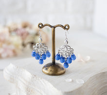 Load image into Gallery viewer, Sapphire Blue Glass drops Earrings, Silver Chandelier Earrings, Silver Filigree Earrings, Fan Shaped Earrings, September Birthstone
