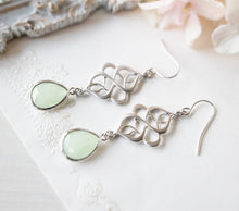 Load image into Gallery viewer, Mint Green Earrings, Seafoam Green Earrings, Light Green Earrings, Silver Celtic Knot Earrings, Mint Green Wedding Bridesmaid Gift
