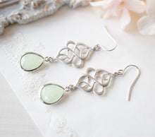 Load image into Gallery viewer, Mint Green Earrings, Seafoam Green Earrings, Light Green Earrings, Silver Celtic Knot Earrings, Mint Green Wedding Bridesmaid Gift
