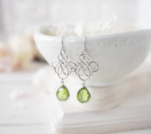 Load image into Gallery viewer, Green Earrings, Silver Filigree Earrings, Peridot Earrings, August Birthstone, Peridot Jewelry, August Birthday Gift for Women
