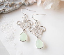 Load image into Gallery viewer, Mint Green Drop Earrings, Silver Knot Pendant Earrings, Silver Filigree earrings, Mint Green Wedding Jewelry, Bridesmaid Earrings
