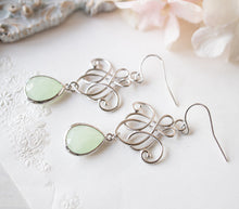 Load image into Gallery viewer, Mint Green Drop Earrings, Silver Knot Pendant Earrings, Silver Filigree earrings, Mint Green Wedding Jewelry, Bridesmaid Earrings
