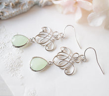 Load image into Gallery viewer, Mint Green Drop Earrings, Silver Knot Pendant Earrings, Silver Filigree earrings, Mint Green Wedding Jewelry, Bridesmaid Earrings
