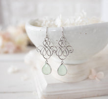 Load image into Gallery viewer, Mint Green Drop Earrings, Silver Knot Pendant Earrings, Silver Filigree earrings, Mint Green Wedding Jewelry, Bridesmaid Earrings
