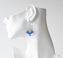 Load image into Gallery viewer, Sapphire Blue Glass drops Earrings, Silver Chandelier Earrings, Silver Filigree Earrings, Fan Shaped Earrings, September Birthstone
