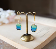 Load image into Gallery viewer, Blue and Green Earrings, Gold Two Tone Rectangle Glass Crystal Earrings, Gold Lace Crown Set Stone Dangle Earrings, Gift for Daughter Wife
