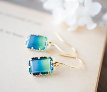 Load image into Gallery viewer, Blue and Green Earrings, Gold Two Tone Rectangle Glass Crystal Earrings, Gold Lace Crown Set Stone Dangle Earrings, Gift for Daughter Wife
