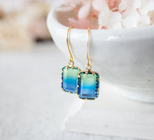 Load image into Gallery viewer, Blue and Green Earrings, Gold Two Tone Rectangle Glass Crystal Earrings, Gold Lace Crown Set Stone Dangle Earrings, Gift for Daughter Wife
