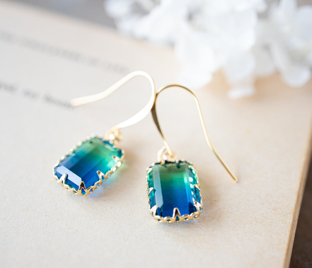 Blue and Green Earrings, Gold Two Tone Rectangle Glass Crystal Earrings, Gold Lace Crown Set Stone Dangle Earrings, Gift for Daughter Wife