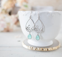 Load image into Gallery viewer, Mint Blue Crystal Silver Filigree Earrings
