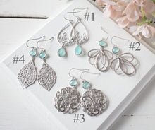 Load image into Gallery viewer, Mint Blue Crystal Silver Filigree Earrings
