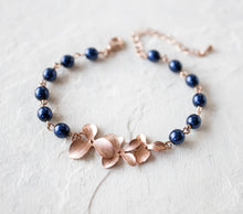 Load image into Gallery viewer, Rose Gold Navy Blue Pearls Adjustable Bracelet, Rose Gold Flower Bracelet, Dark Blue Pearls, Navy Blue Wedding Jewelry, Bridesmaid Gift
