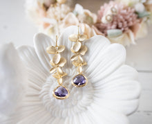 Load image into Gallery viewer, Purple and Gold Earrings Amethyst Purple Glass Matte Gold Orchid Flower Earrings Bridal Earrings Purple Wedding Jewelry February Birthstone
