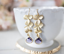 Load image into Gallery viewer, Purple and Gold Earrings Amethyst Purple Glass Matte Gold Orchid Flower Earrings Bridal Earrings Purple Wedding Jewelry February Birthstone
