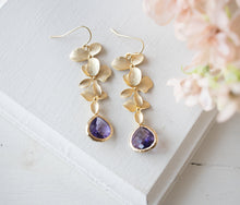 Load image into Gallery viewer, Purple and Gold Earrings Amethyst Purple Glass Matte Gold Orchid Flower Earrings Bridal Earrings Purple Wedding Jewelry February Birthstone
