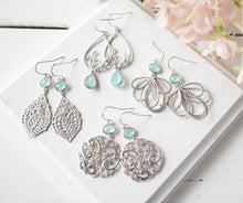 Load image into Gallery viewer, Silver Paisley Filigree Earrings with Aqua Mint blue Crystals
