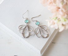 Load image into Gallery viewer, Aqua Mint Blue Silver Ornate Filigree Earrings
