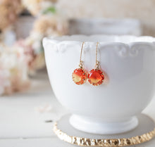 Load image into Gallery viewer, Orange and Yellow Two Tone Crystal Drop Earrings, Fall Earrings, Autumn Jewelry, Gold Plated Orange Dangle Earrings, Gift for Her
