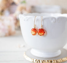 Load image into Gallery viewer, Orange and Yellow Two Tone Crystal Drop Earrings, Fall Earrings, Autumn Jewelry, Gold Plated Orange Dangle Earrings, Gift for Her
