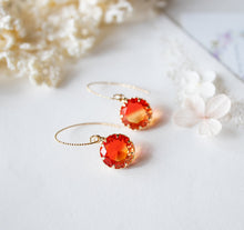 Load image into Gallery viewer, Orange and Yellow Two Tone Crystal Drop Earrings, Fall Earrings, Autumn Jewelry, Gold Plated Orange Dangle Earrings, Gift for Her
