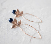 Load image into Gallery viewer, Rose Gold Flower Navy Blue Pearl Long Dangle Earrings, Dark Blue Pearl Drop Earrings, Rose gold Jewelry, Navy Blue Wedding Bridesmaid Gift
