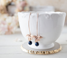 Load image into Gallery viewer, Rose Gold Flower Navy Blue Pearl Long Dangle Earrings, Dark Blue Pearl Drop Earrings, Rose gold Jewelry, Navy Blue Wedding Bridesmaid Gift
