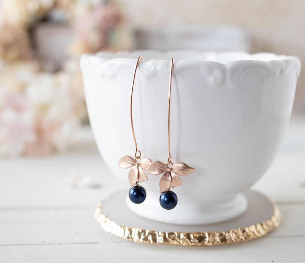 Rose Gold Flower Navy Blue Pearl Long Dangle Earrings, Dark Blue Pearl Drop Earrings, Rose gold Jewelry, Navy Blue Wedding Bridesmaid Gift