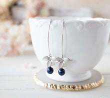 Load image into Gallery viewer, Dark Blue Navy Blue Pearl Earrings, Silver Orchid Flower Long Earrings, Navy Blue Wedding Jewelry, Bridesmaid Gift, Gift for Mom Wife Sister
